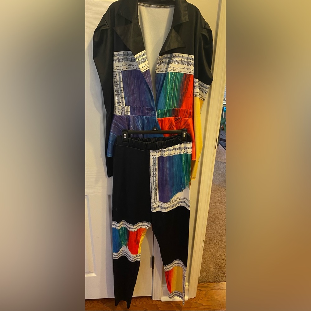 Fun colorful  pants suit with music notes detailing.